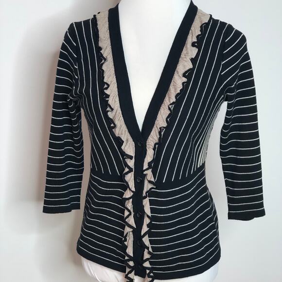 CAbi Sweater SM Ruffle Collar Detail Style 276 Button Front V-Neck Cotton - Picture 2 of 6